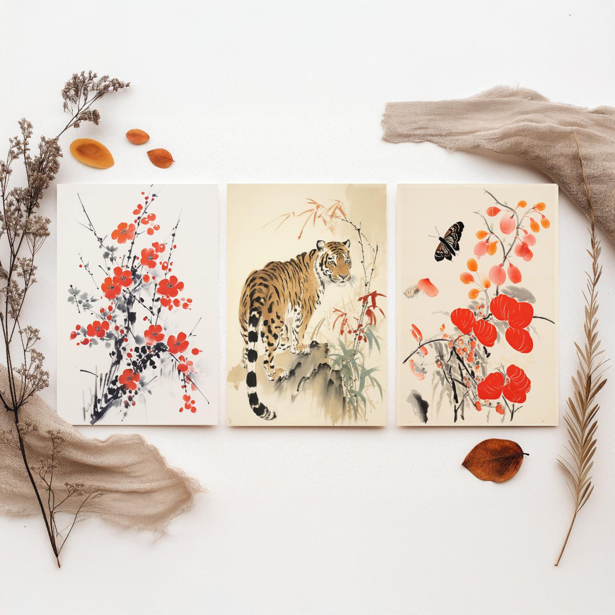 Chinese Ink Painting Set of Three Art Prints - Red Plum Blossom, Tiger, Persimmons and Butterfly - Brush Illustration Poster