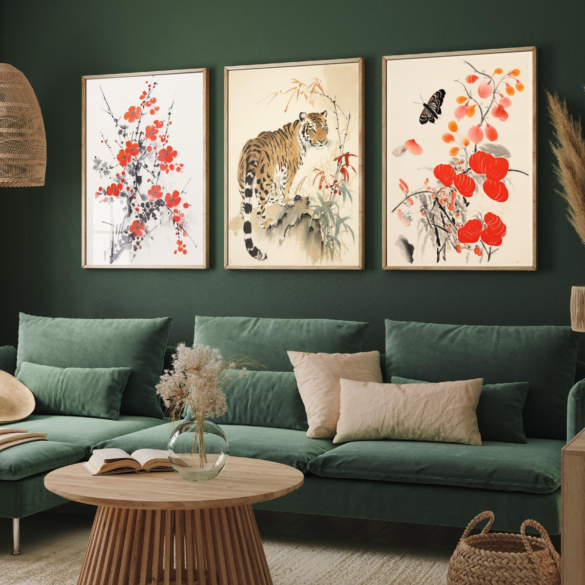 Chinese Ink Painting Set of Three Art Prints - Red Plum Blossom, Tiger, Persimmons and Butterfly - Brush Illustration Poster