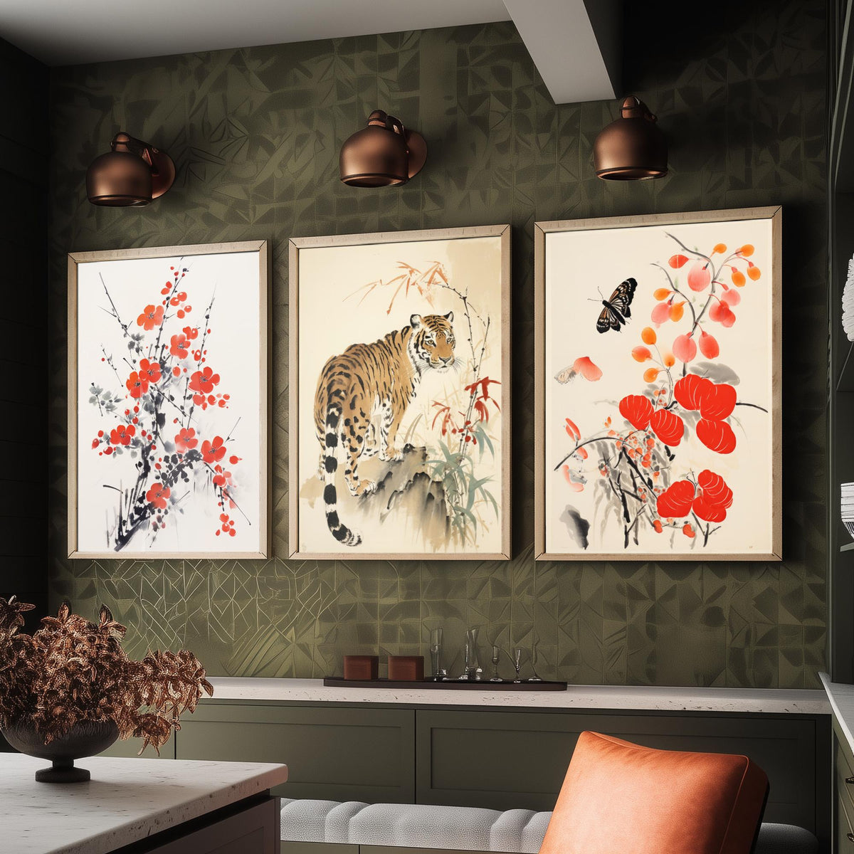 Chinese Ink Painting Set of Three Art Prints - Red Plum Blossom, Tiger, Persimmons and Butterfly - Brush Illustration Poster