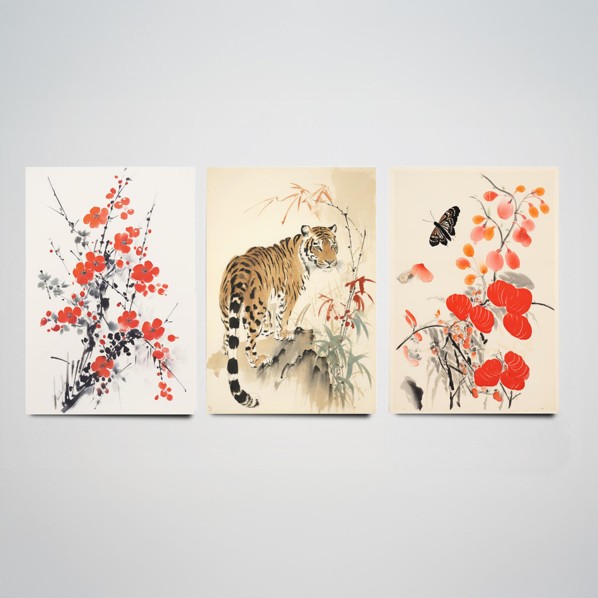 Chinese Ink Painting Set of Three Art Prints - Red Plum Blossom, Tiger, Persimmons and Butterfly - Brush Illustration Poster