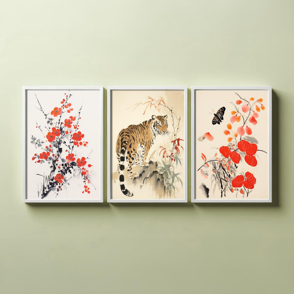 Chinese Ink Painting Set of Three Art Prints - Red Plum Blossom, Tiger, Persimmons and Butterfly - Brush Illustration Poster