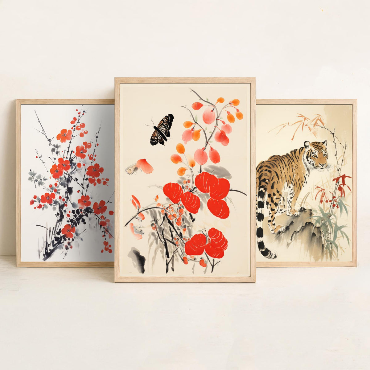 Chinese Ink Painting Set of Three Art Prints - Red Plum Blossom, Tiger, Persimmons and Butterfly - Brush Illustration Poster