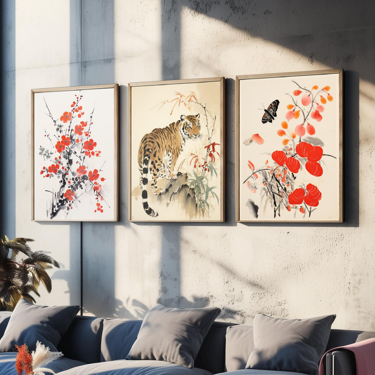 Chinese Ink Painting Set of Three Art Prints - Red Plum Blossom, Tiger, Persimmons and Butterfly - Brush Illustration Poster