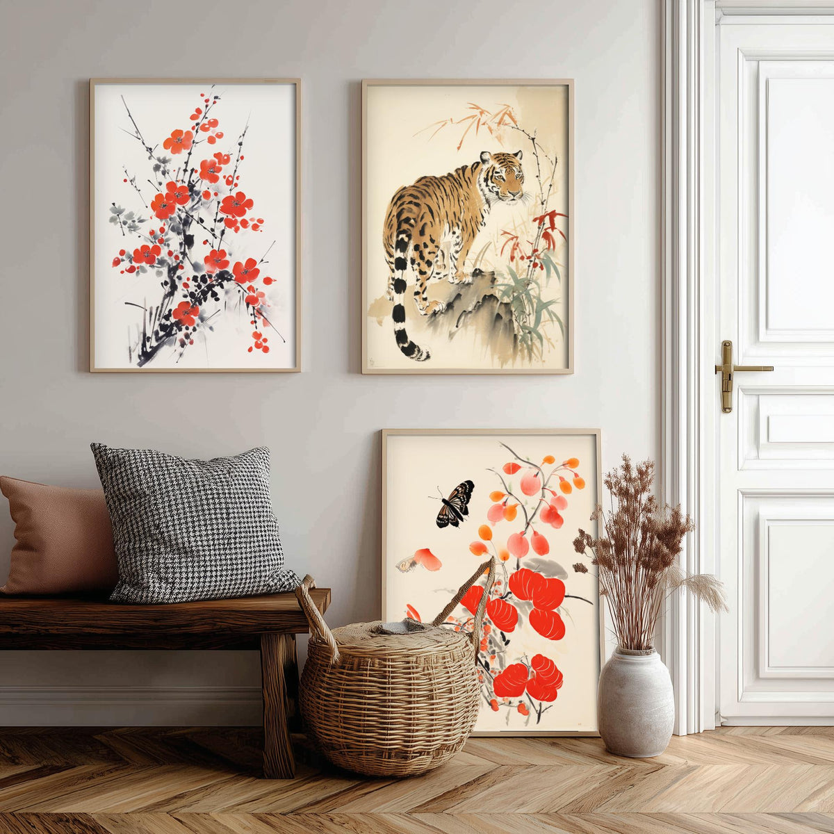 Chinese Ink Painting Set of Three Art Prints - Red Plum Blossom, Tiger, Persimmons and Butterfly - Brush Illustration Poster