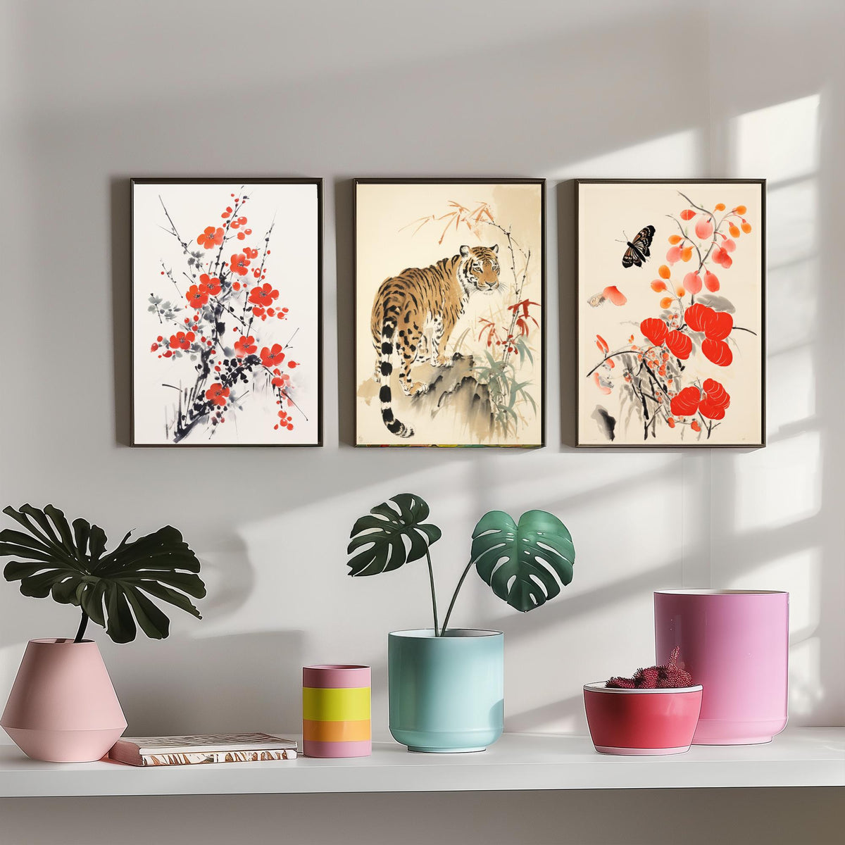 Chinese Ink Painting Set of Three Art Prints - Red Plum Blossom, Tiger, Persimmons and Butterfly - Brush Illustration Poster