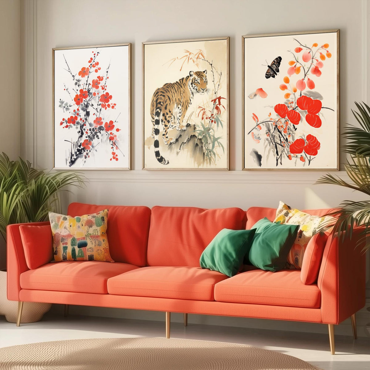 Chinese Ink Painting Set of Three Art Prints - Red Plum Blossom, Tiger, Persimmons and Butterfly - Brush Illustration Poster