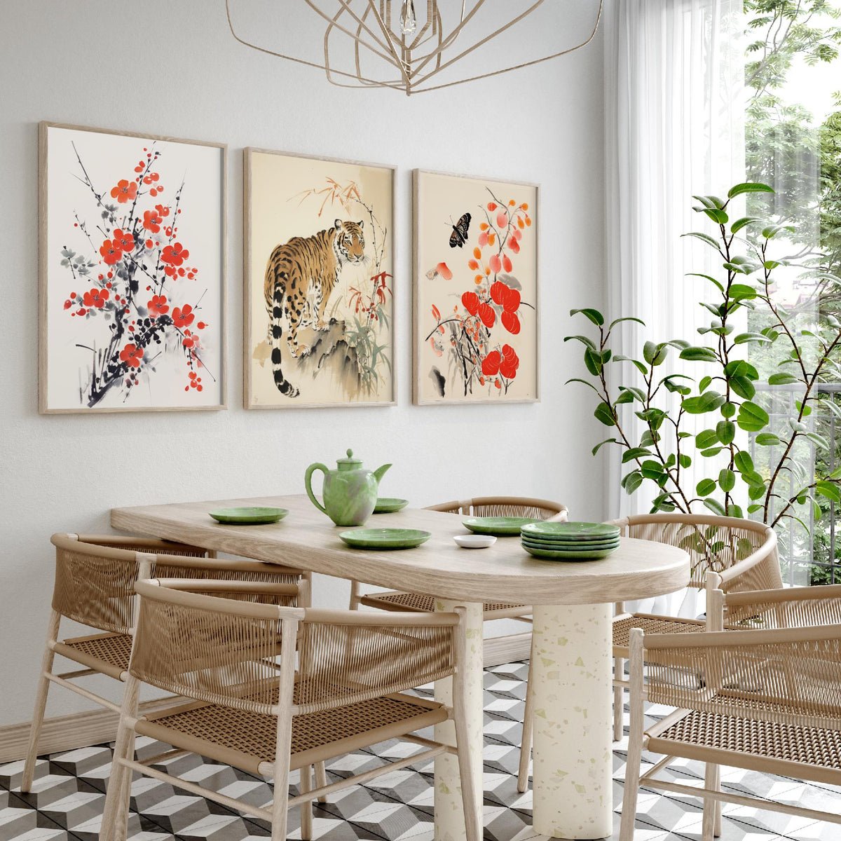Chinese Ink Painting Set of Three Art Prints - Red Plum Blossom, Tiger, Persimmons and Butterfly - Brush Illustration Poster