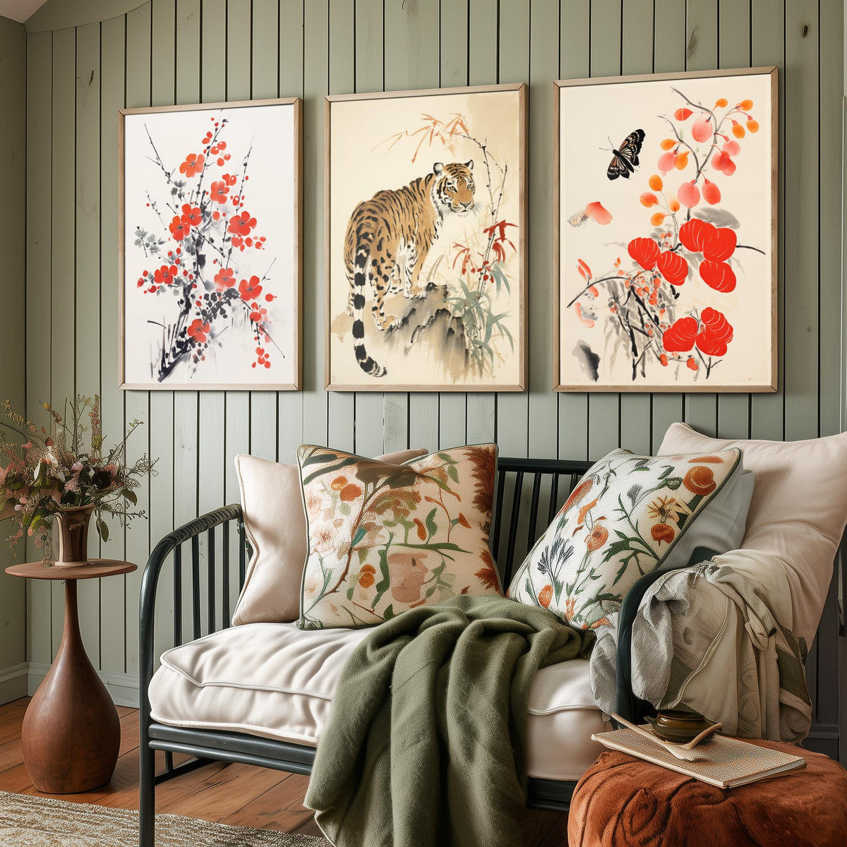 Chinese Ink Painting Set of Three Art Prints - Red Plum Blossom, Tiger, Persimmons and Butterfly - Brush Illustration Poster