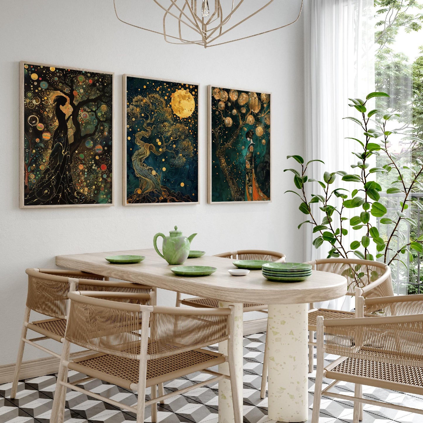 Balloon Symphony Set of Three Art Prints - Klimt Style Gold Posters - Woman, Tree of Life, Golden Moon - Art Nouveau Painting