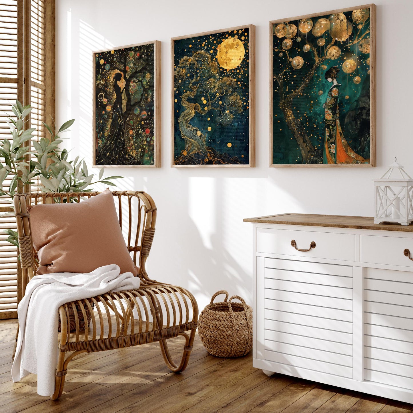 Balloon Symphony Set of Three Art Prints - Klimt Style Gold Posters - Woman, Tree of Life, Golden Moon - Art Nouveau Painting