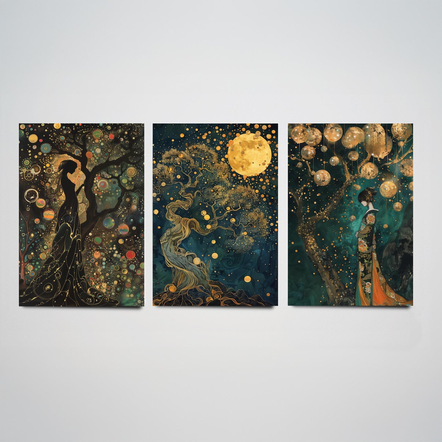 Balloon Symphony Set of Three Art Prints - Klimt Style Gold Posters - Woman, Tree of Life, Golden Moon - Art Nouveau Painting
