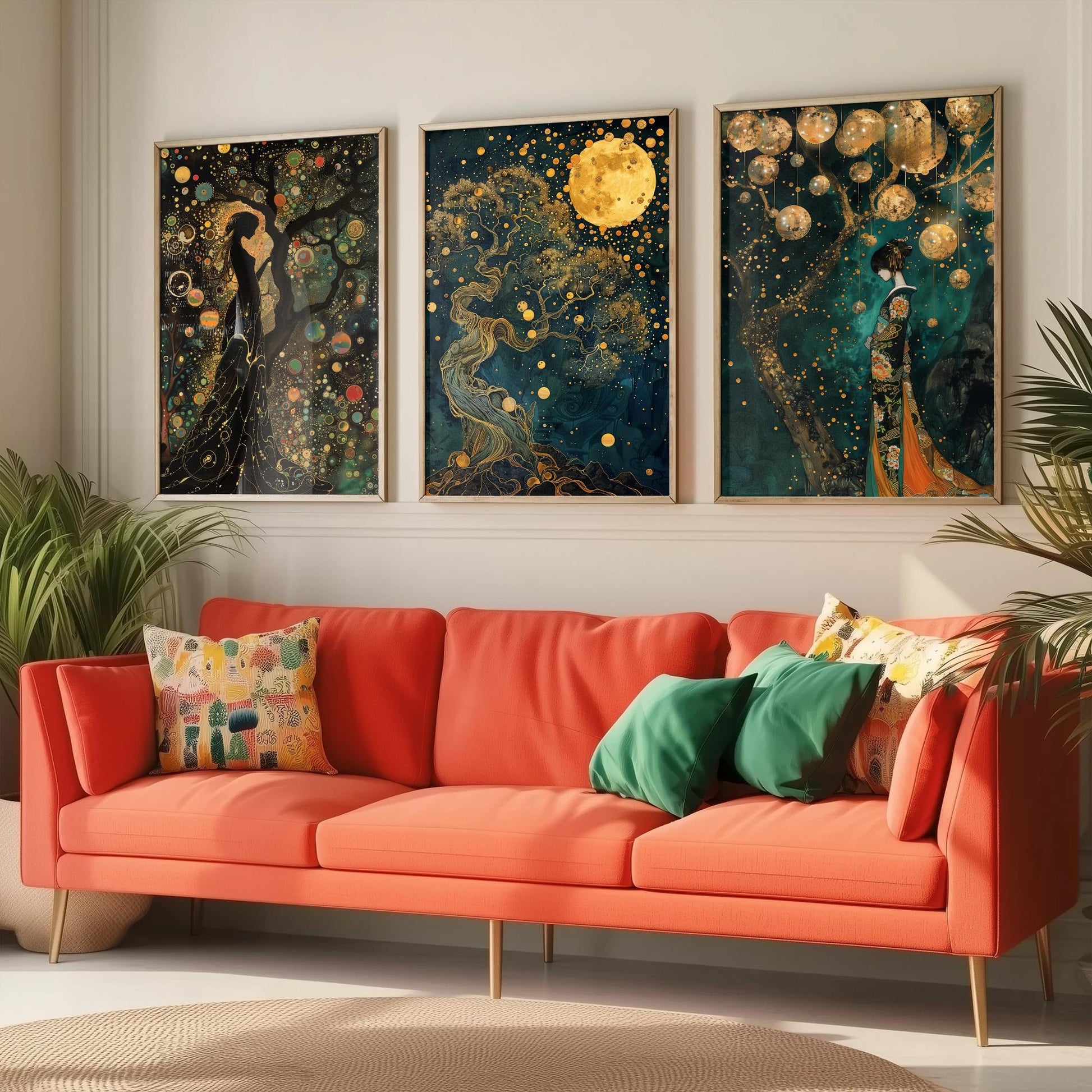 Balloon Symphony Set of Three Art Prints - Klimt Style Gold Posters - Woman, Tree of Life, Golden Moon - Art Nouveau Painting