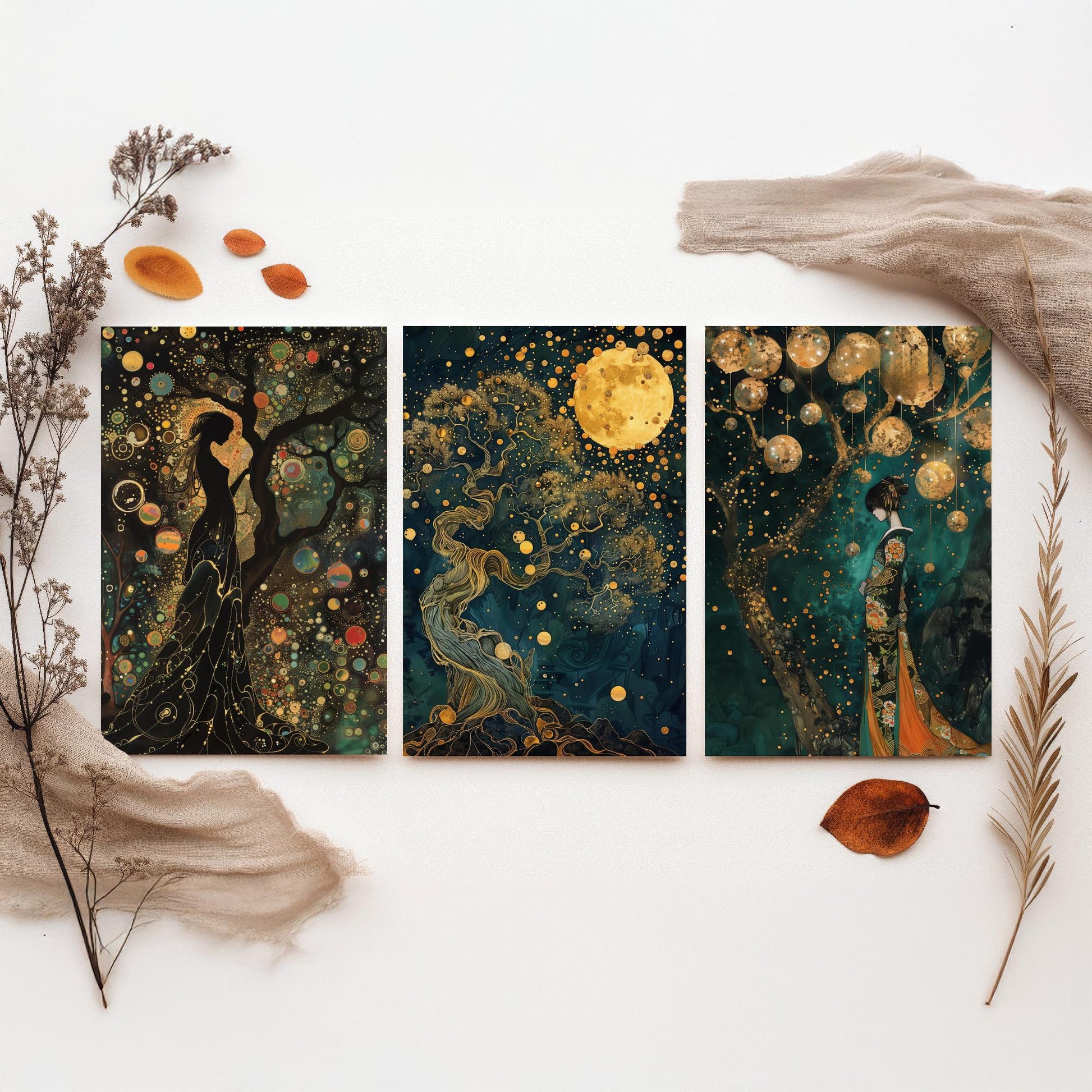 Balloon Symphony Set of Three Art Prints - Klimt Style Gold Posters - Woman, Tree of Life, Golden Moon - Art Nouveau Painting