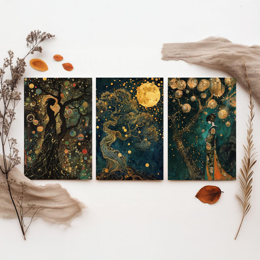 Balloon Symphony Set of Three Art Prints - Klimt Style Gold Posters - Woman, Tree of Life, Golden Moon - Art Nouveau Painting