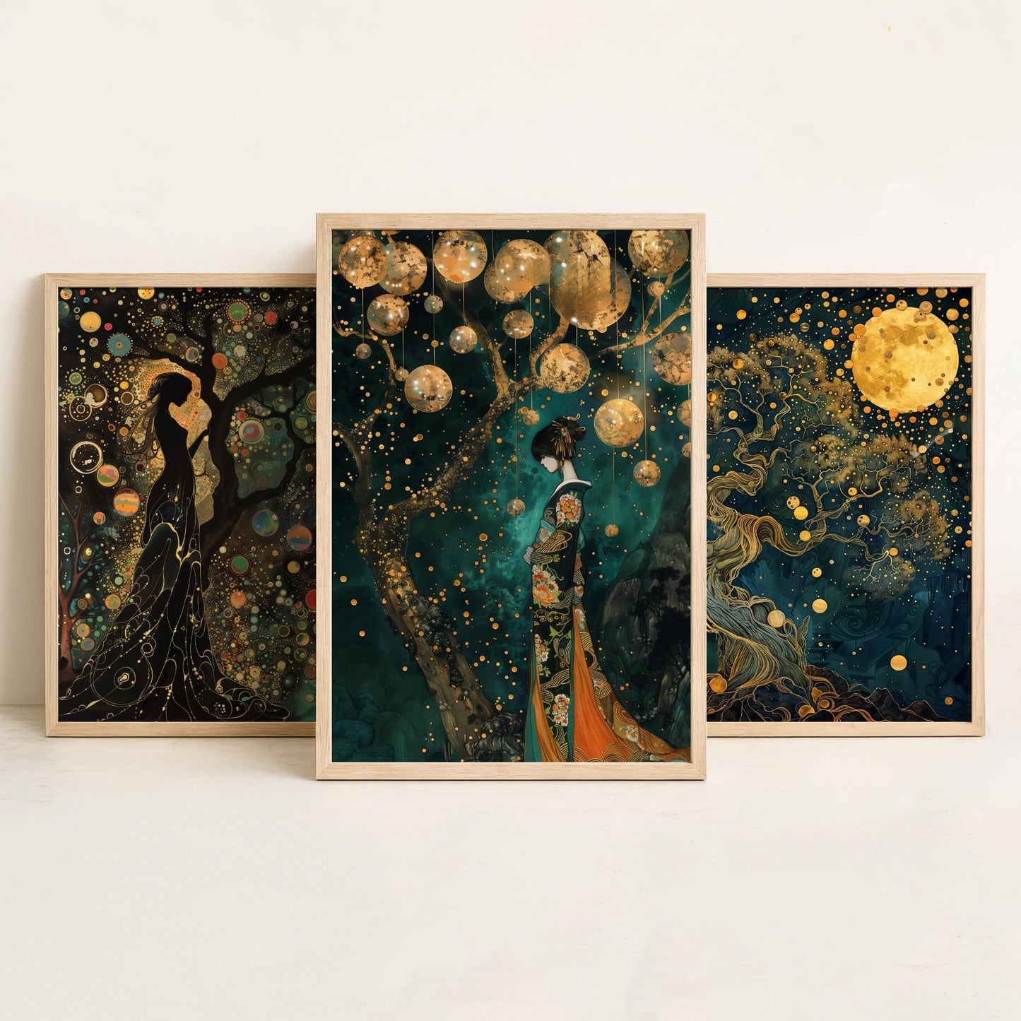 Balloon Symphony Set of Three Art Prints - Klimt Style Gold Posters - Woman, Tree of Life, Golden Moon - Art Nouveau Painting