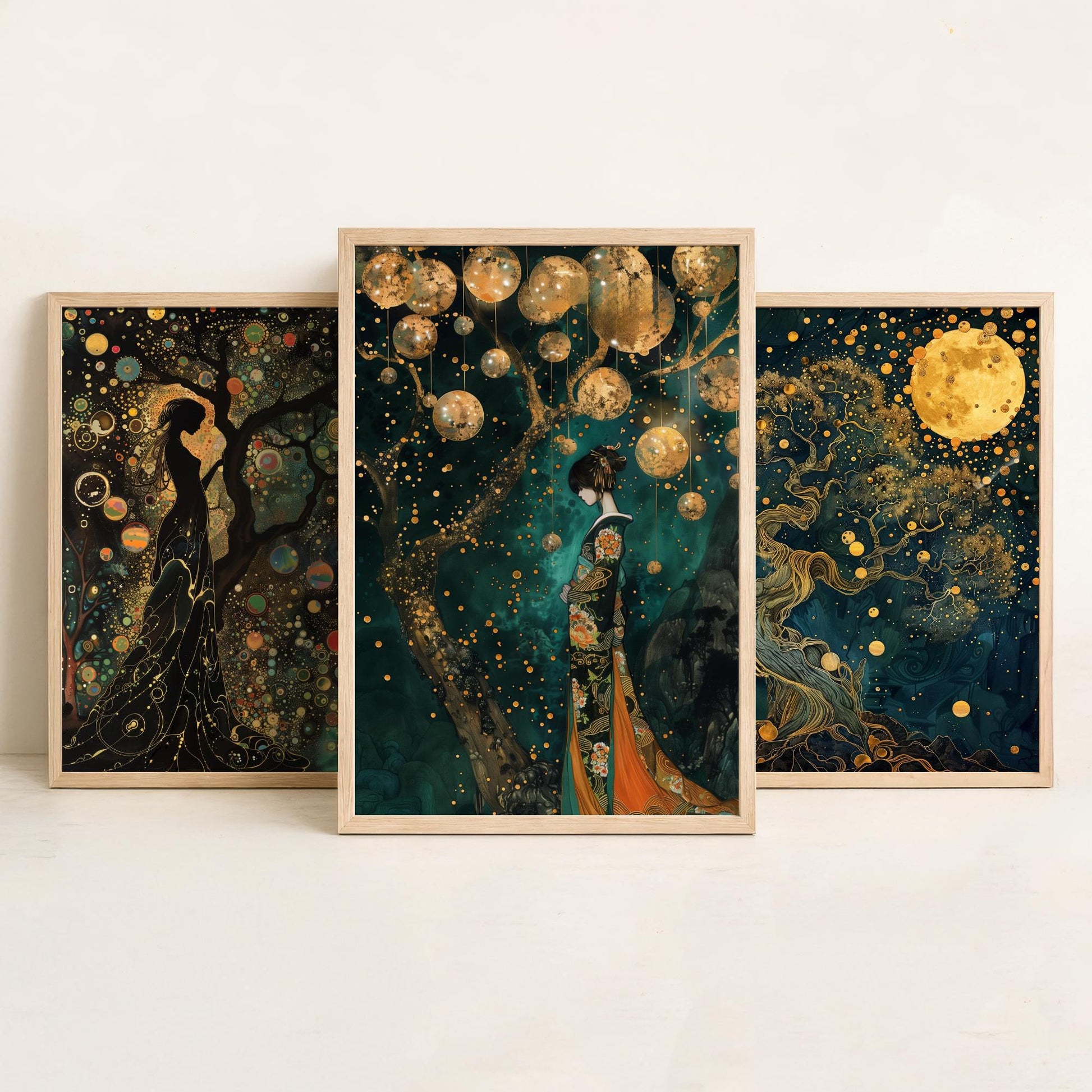 Balloon Symphony Set of Three Art Prints - Klimt Style Gold Posters - Woman, Tree of Life, Golden Moon - Art Nouveau Painting