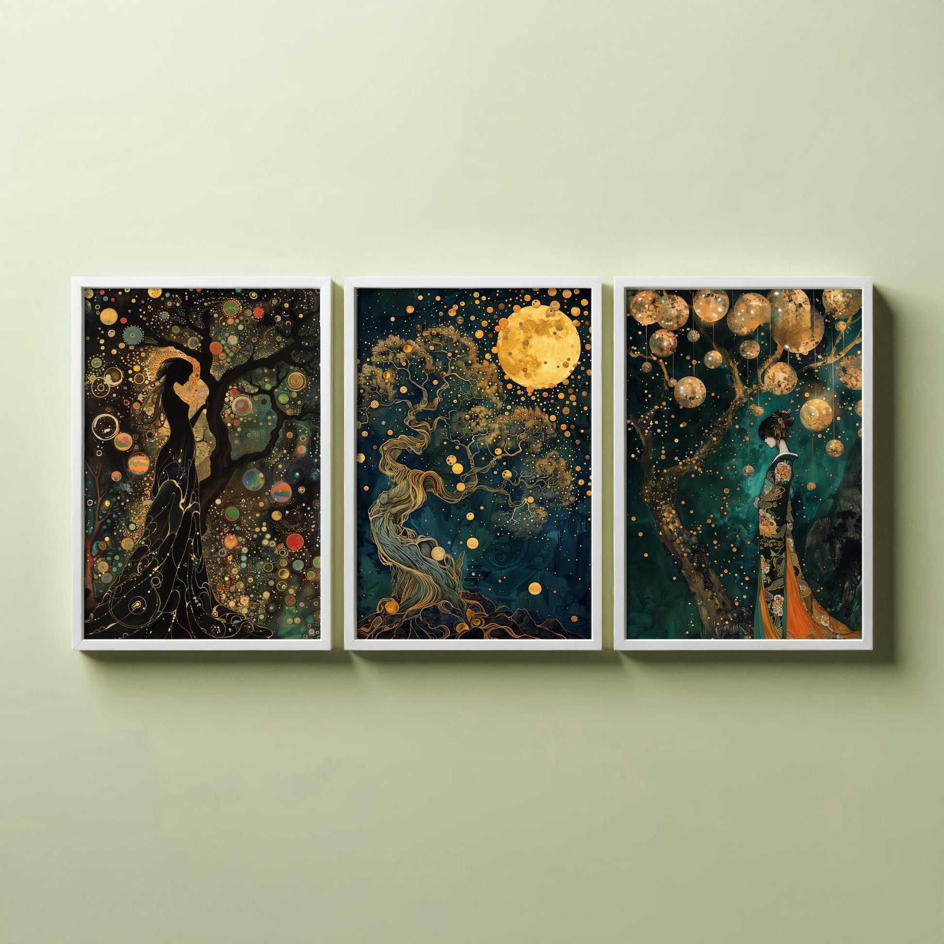 Balloon Symphony Set of Three Art Prints - Klimt Style Gold Posters - Woman, Tree of Life, Golden Moon - Art Nouveau Painting