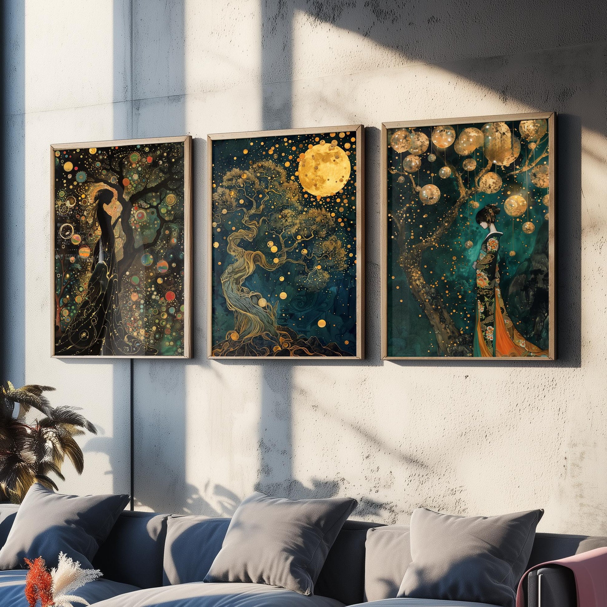 Balloon Symphony Set of Three Art Prints - Klimt Style Gold Posters - Woman, Tree of Life, Golden Moon - Art Nouveau Painting
