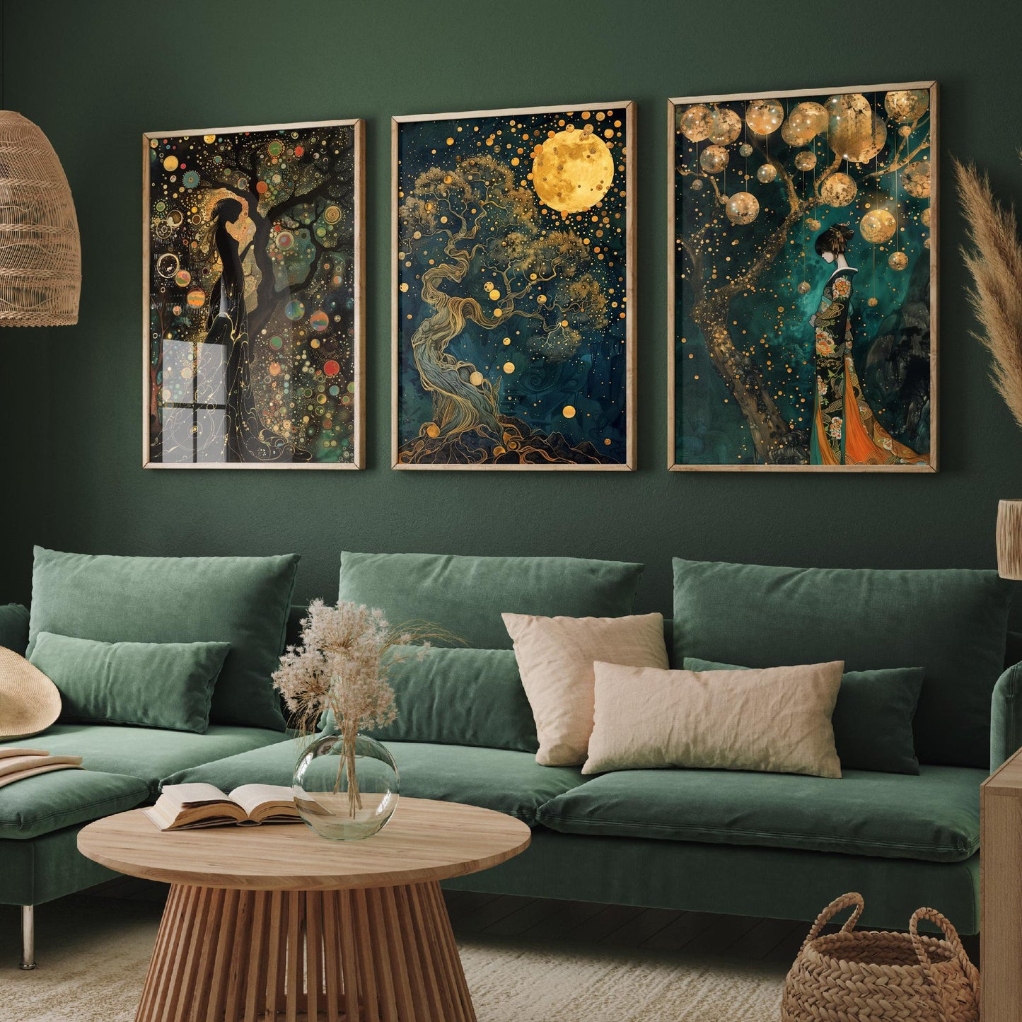 Balloon Symphony Set of Three Art Prints - Klimt Style Gold Posters - Woman, Tree of Life, Golden Moon - Art Nouveau Painting