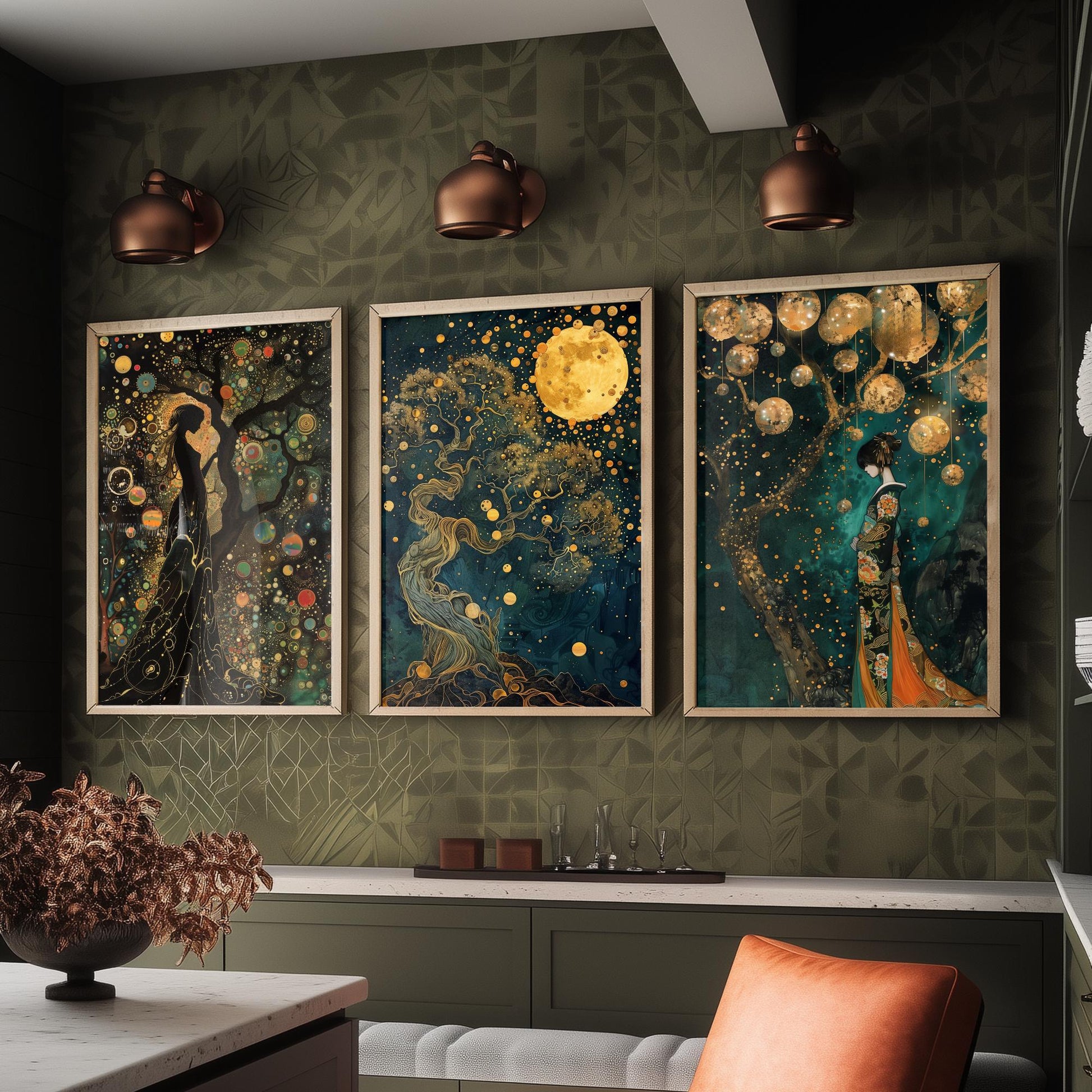 Balloon Symphony Set of Three Art Prints - Klimt Style Gold Posters - Woman, Tree of Life, Golden Moon - Art Nouveau Painting