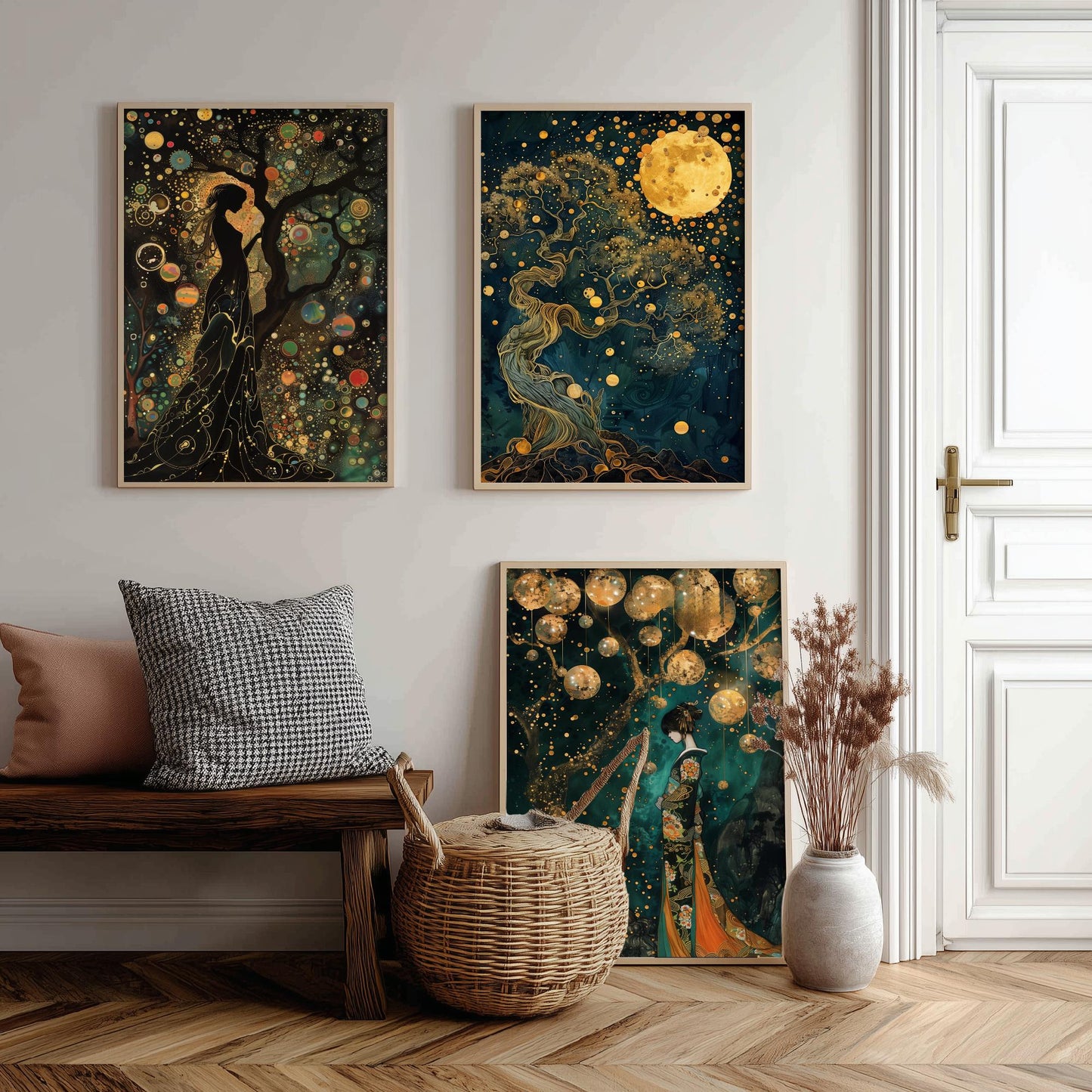 Balloon Symphony Set of Three Art Prints - Klimt Style Gold Posters - Woman, Tree of Life, Golden Moon - Art Nouveau Painting