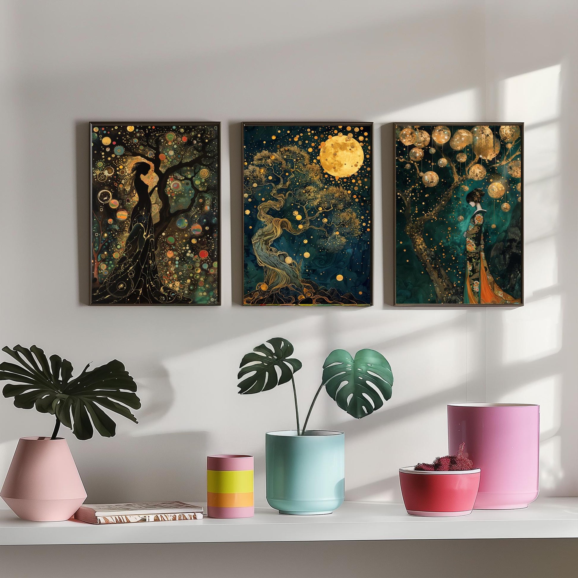 Balloon Symphony Set of Three Art Prints - Klimt Style Gold Posters - Woman, Tree of Life, Golden Moon - Art Nouveau Painting