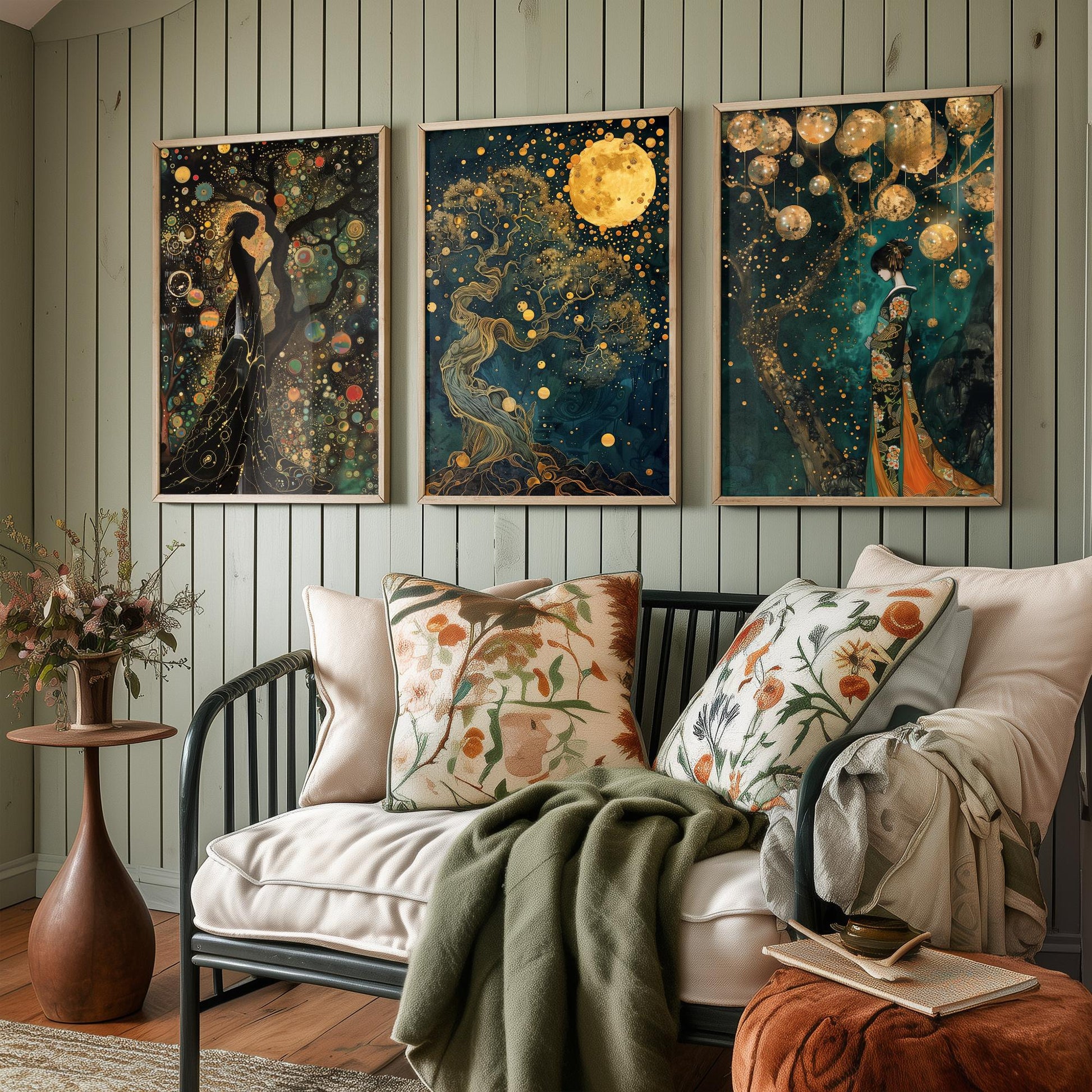 Balloon Symphony Set of Three Art Prints - Klimt Style Gold Posters - Woman, Tree of Life, Golden Moon - Art Nouveau Painting