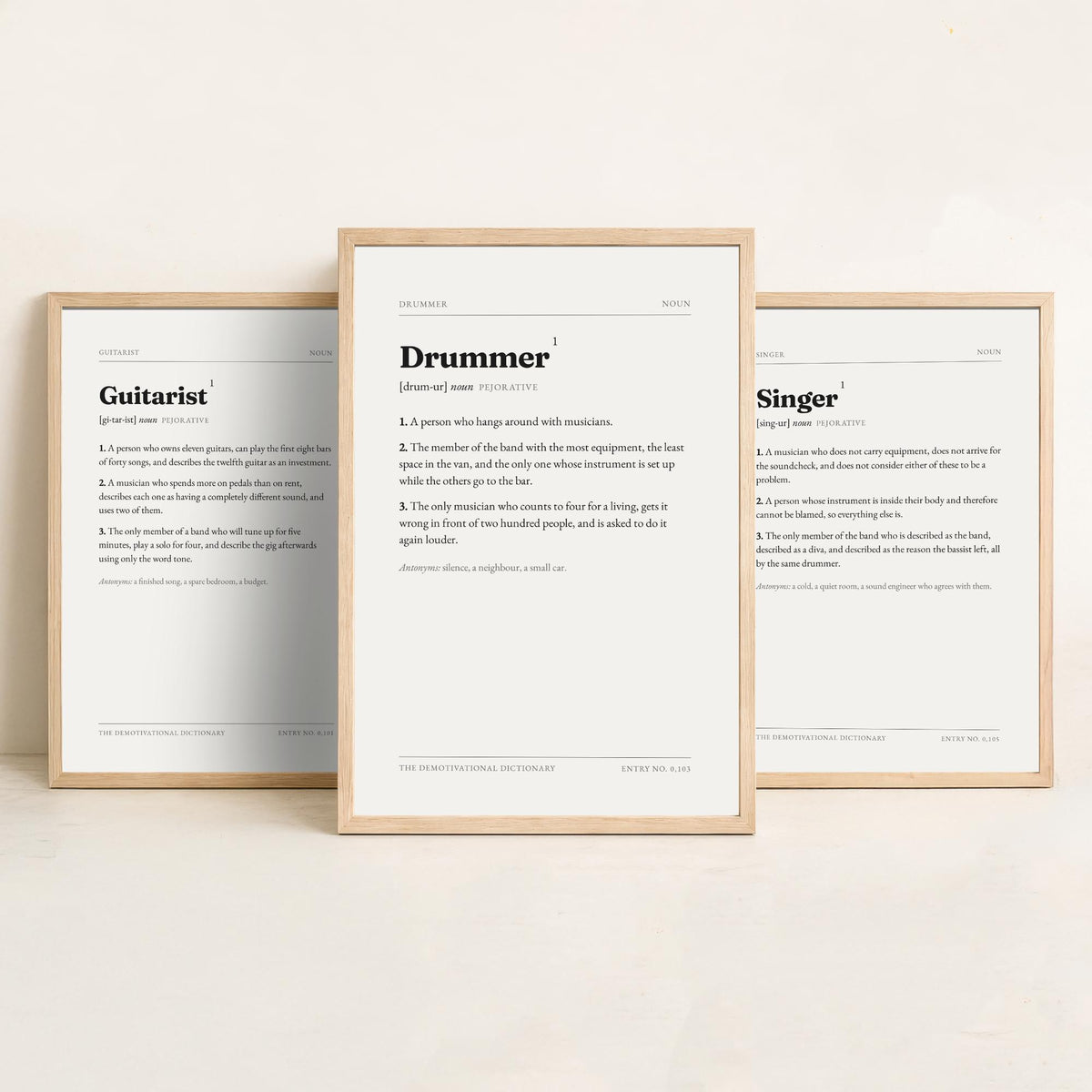 Band Demotivational Dictionary Set of Three Art Prints - Guitarist, Singer, Drummer - Funny Musician Typography Poster