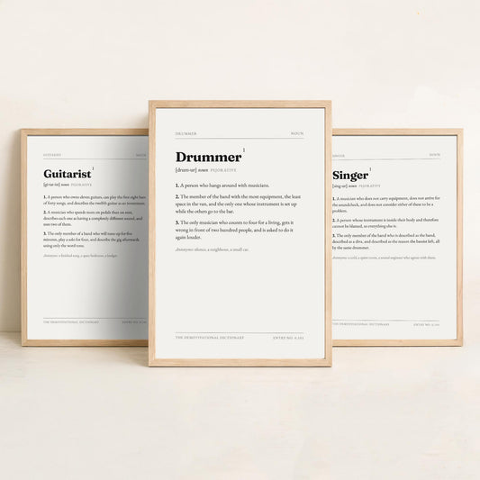 Band Demotivational Dictionary Set of Three Art Prints - Guitarist, Singer, Drummer - Funny Musician Typography Poster