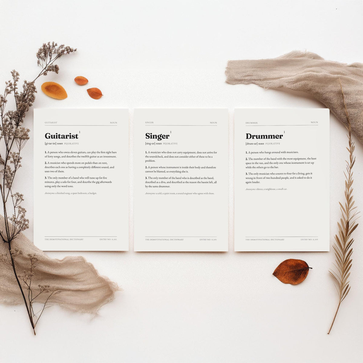 Band Demotivational Dictionary Set of Three Art Prints - Guitarist, Singer, Drummer - Funny Musician Typography Poster
