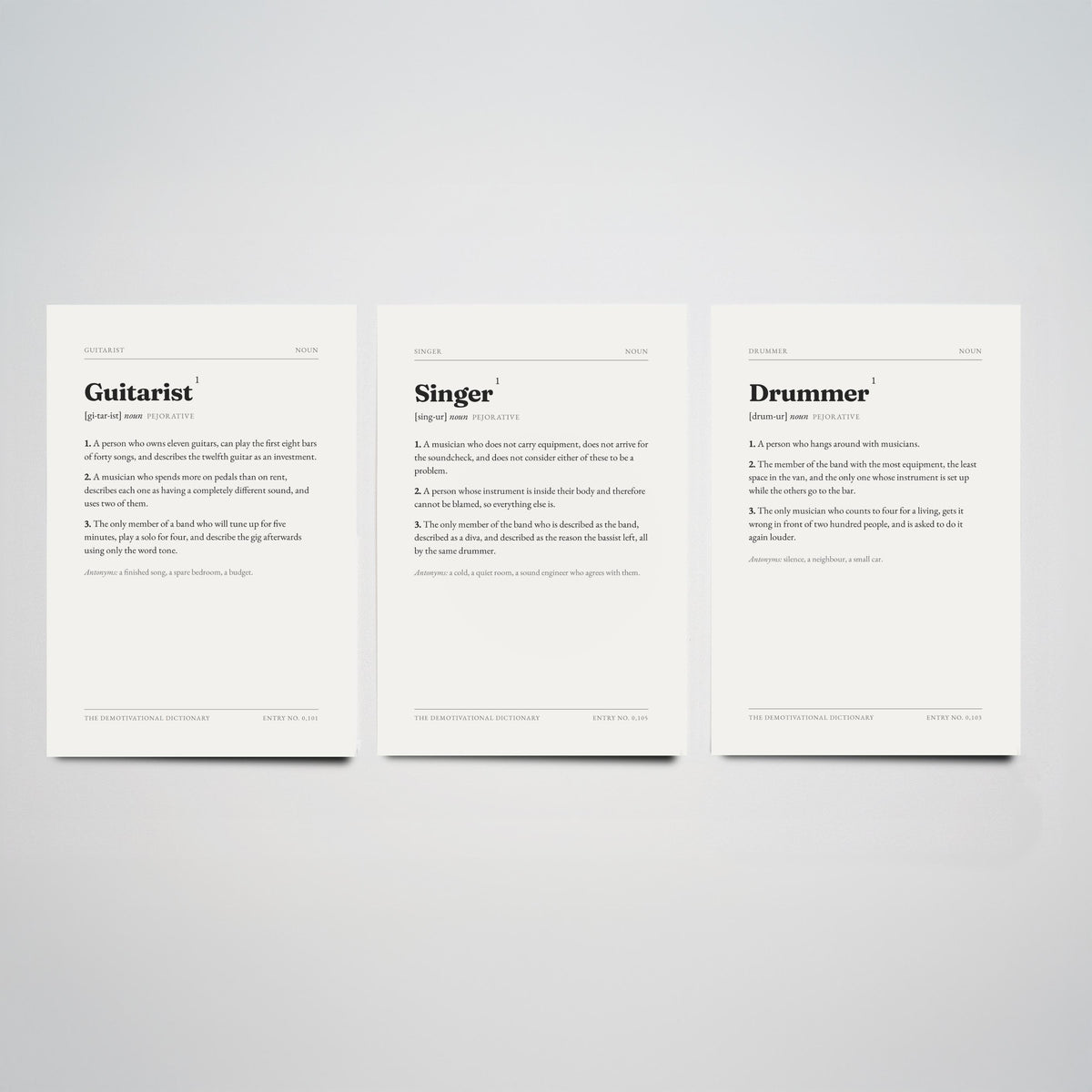 Band Demotivational Dictionary Set of Three Art Prints - Guitarist, Singer, Drummer - Funny Musician Typography Poster
