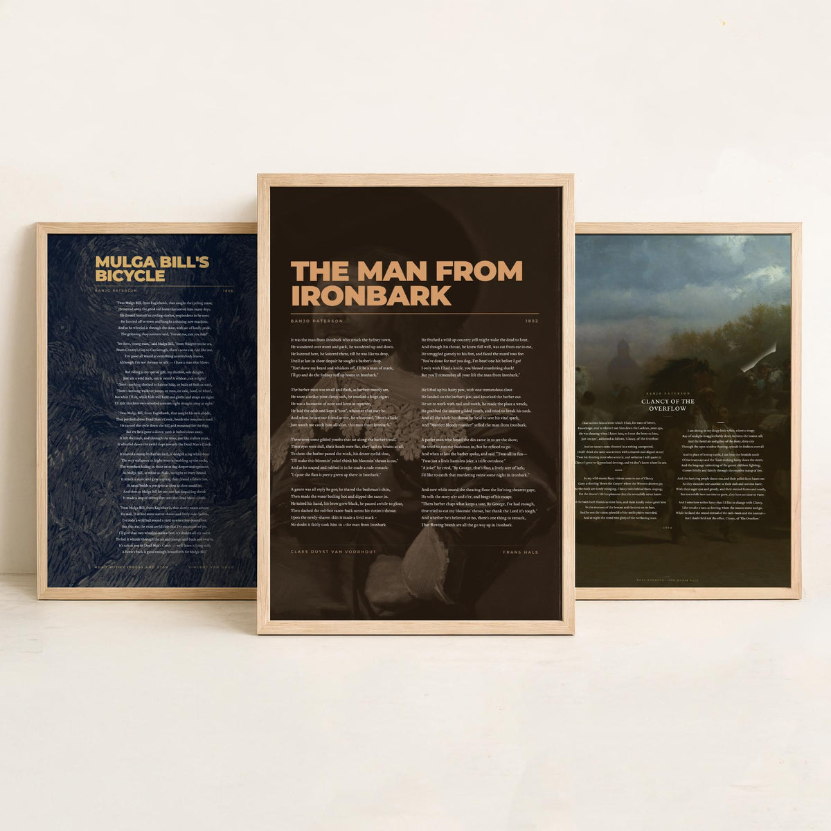 Banjo Paterson Poems Set of Three Art Prints - Clancy of the Overflow, The Man from Ironbark - Poems over Classic Paintings - Poetry Poster