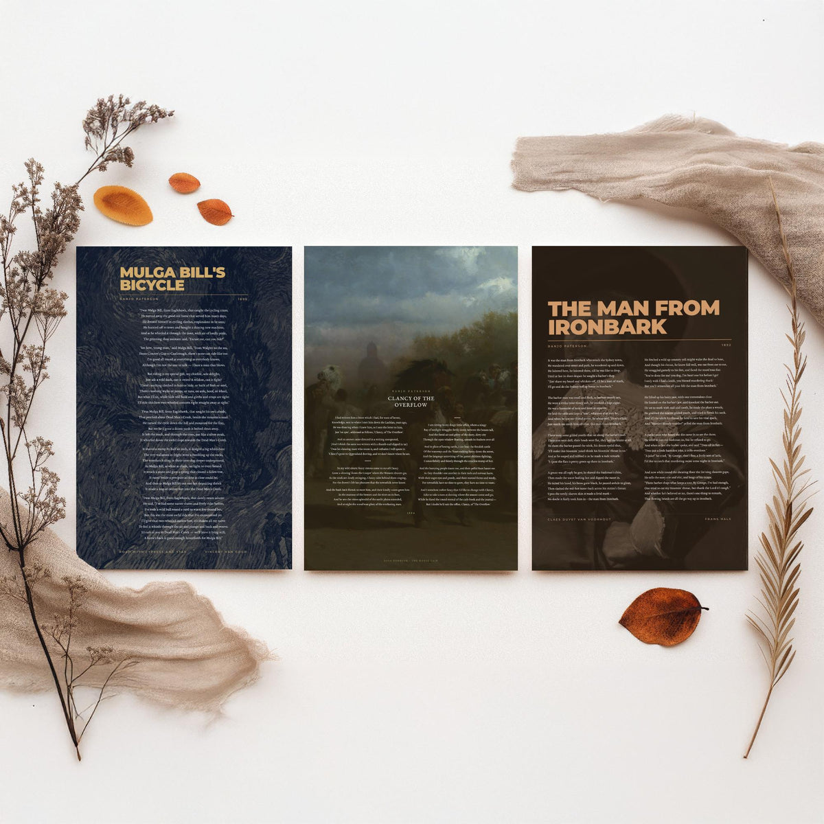 Banjo Paterson Poems Set of Three Art Prints - Clancy of the Overflow, The Man from Ironbark - Poems over Classic Paintings - Poetry Poster