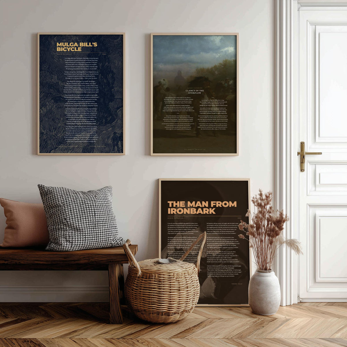 Banjo Paterson Poems Set of Three Art Prints - Clancy of the Overflow, The Man from Ironbark - Poems over Classic Paintings - Poetry Poster