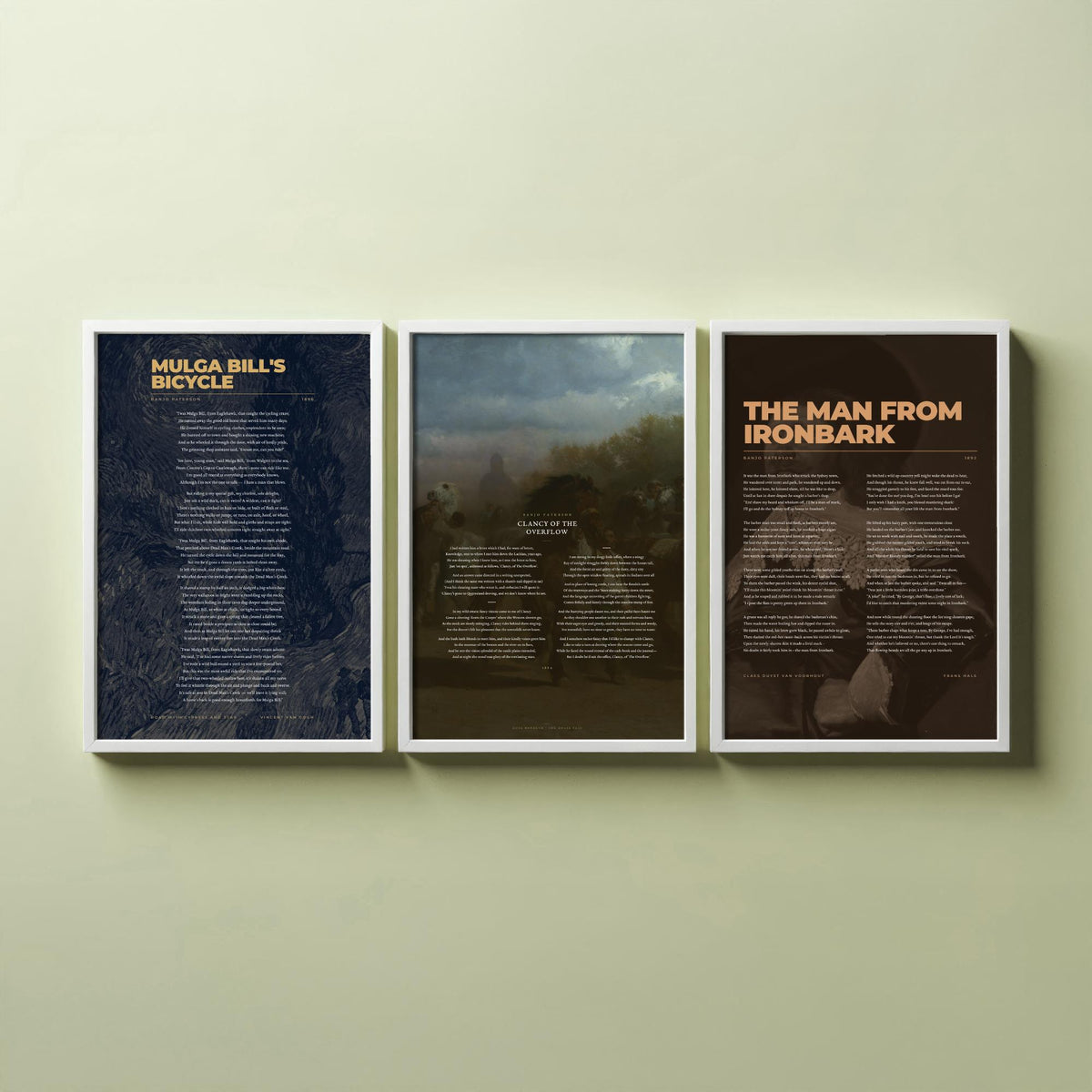 Banjo Paterson Poems Set of Three Art Prints - Clancy of the Overflow, The Man from Ironbark - Poems over Classic Paintings - Poetry Poster