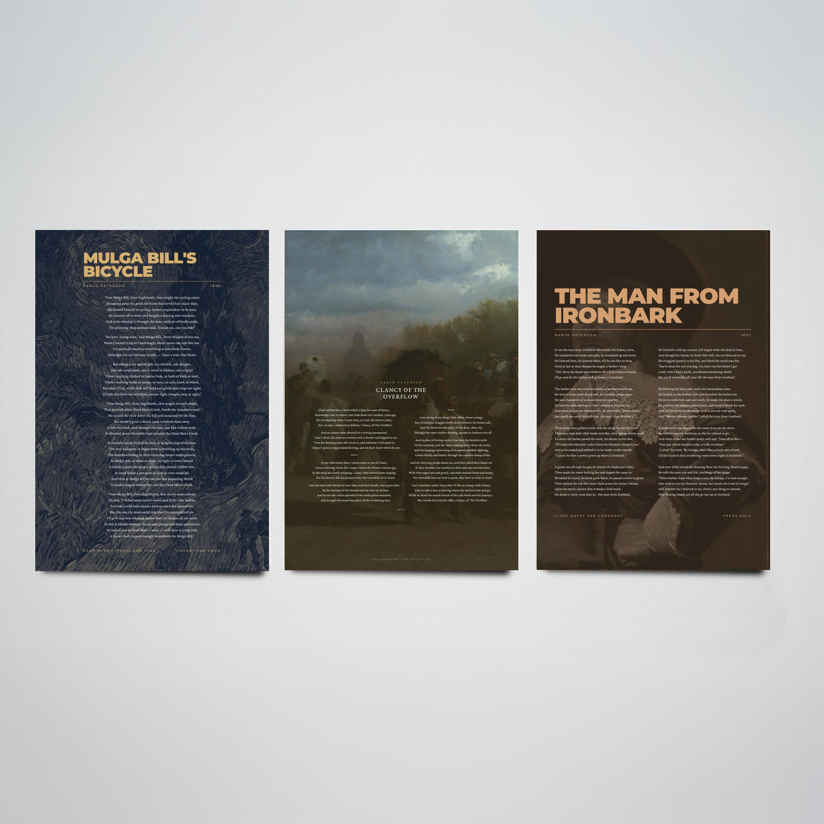 Banjo Paterson Poems Set of Three Art Prints - Clancy of the Overflow, The Man from Ironbark - Poems over Classic Paintings - Poetry Poster