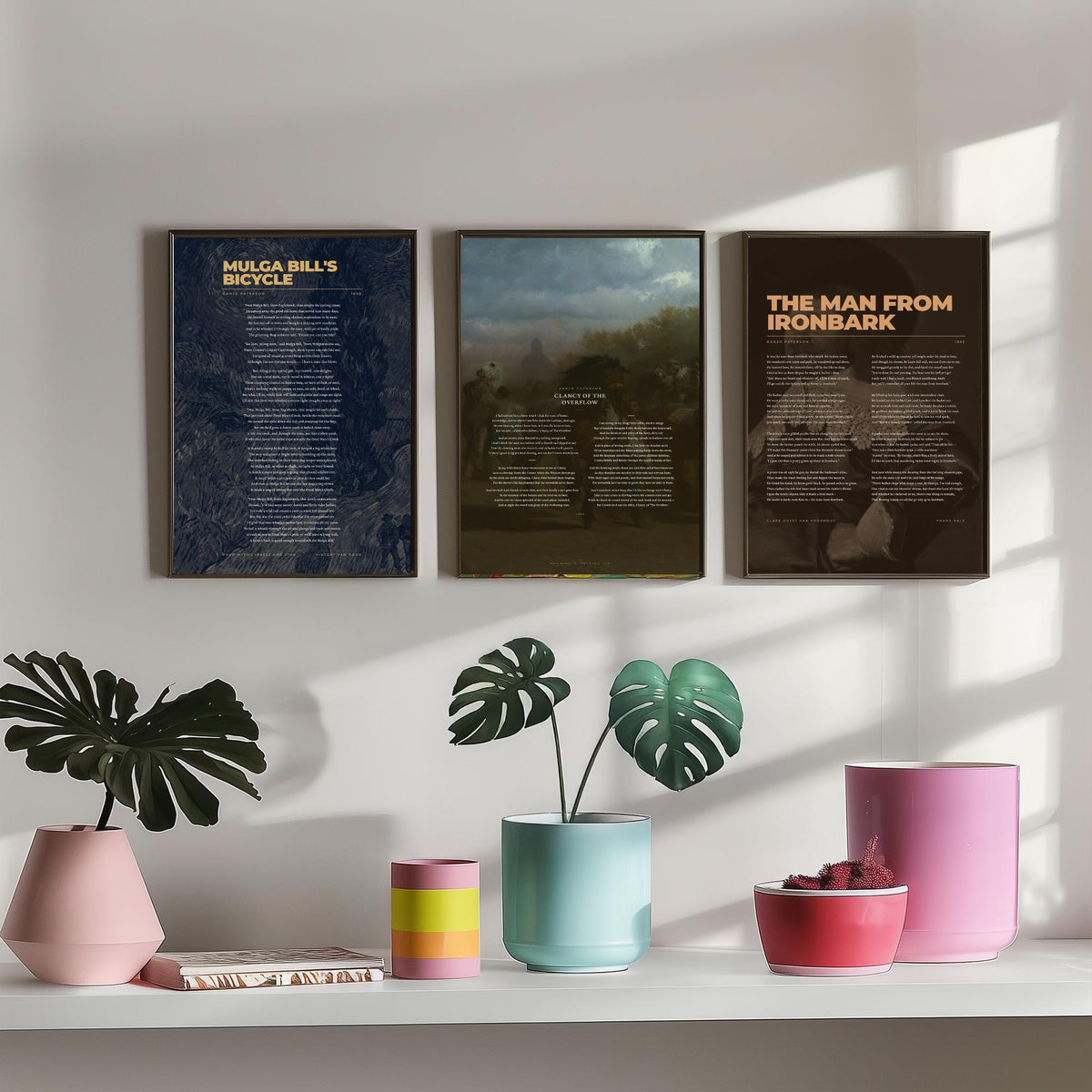 Banjo Paterson Poems Set of Three Art Prints - Clancy of the Overflow, The Man from Ironbark - Poems over Classic Paintings - Poetry Poster