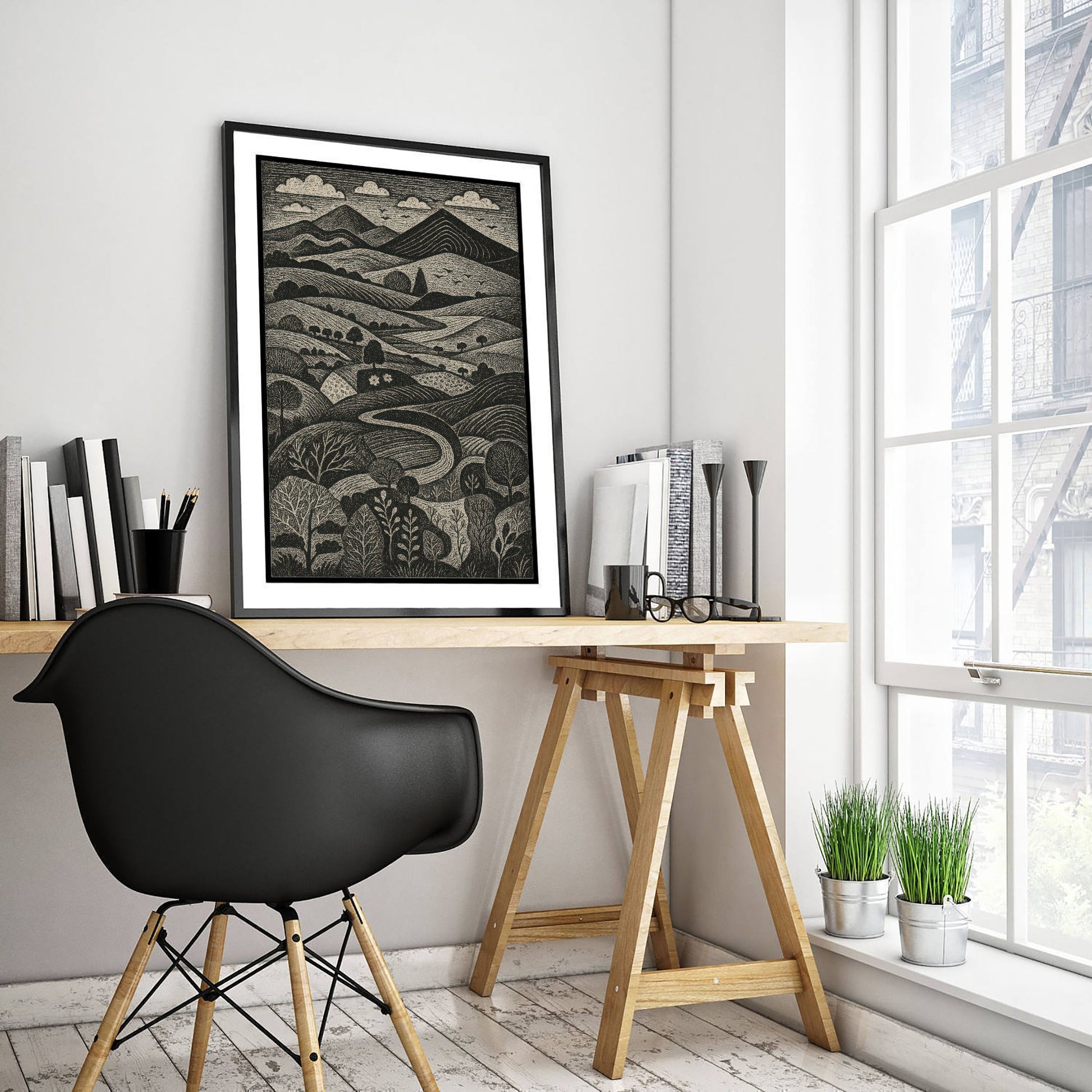 Bannau Brycheiniog Wales Art Print - Brecon Beacons Woodcut Poster - Black and White Landscape - Welsh Hills 1/3