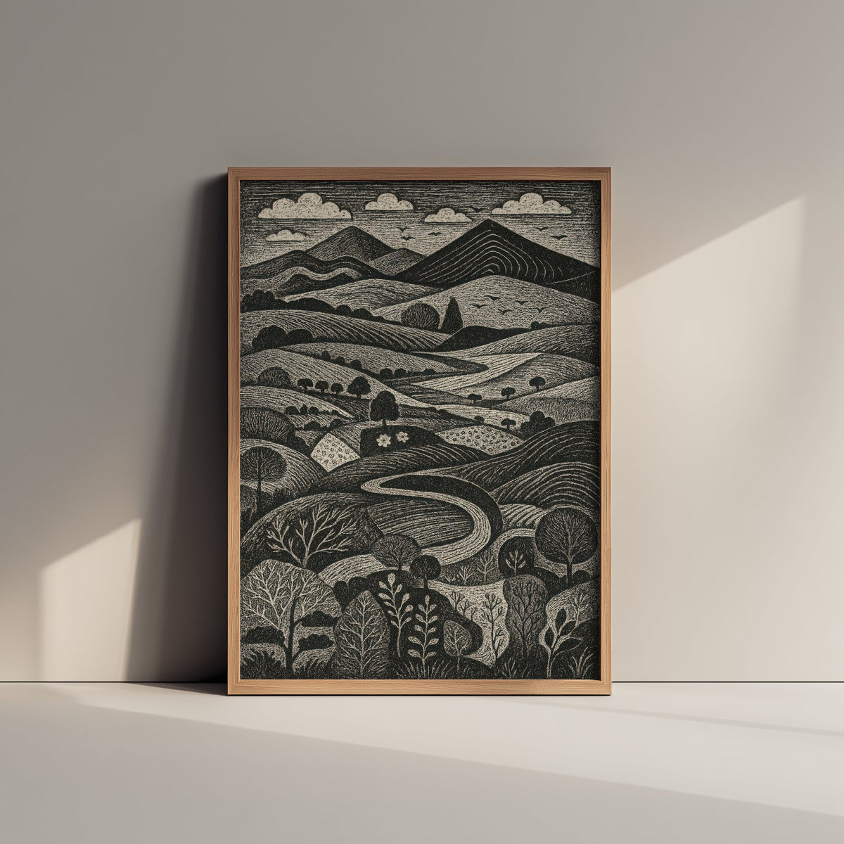 Bannau Brycheiniog Wales Art Print - Brecon Beacons Woodcut Poster - Black and White Landscape - Welsh Hills 1/3