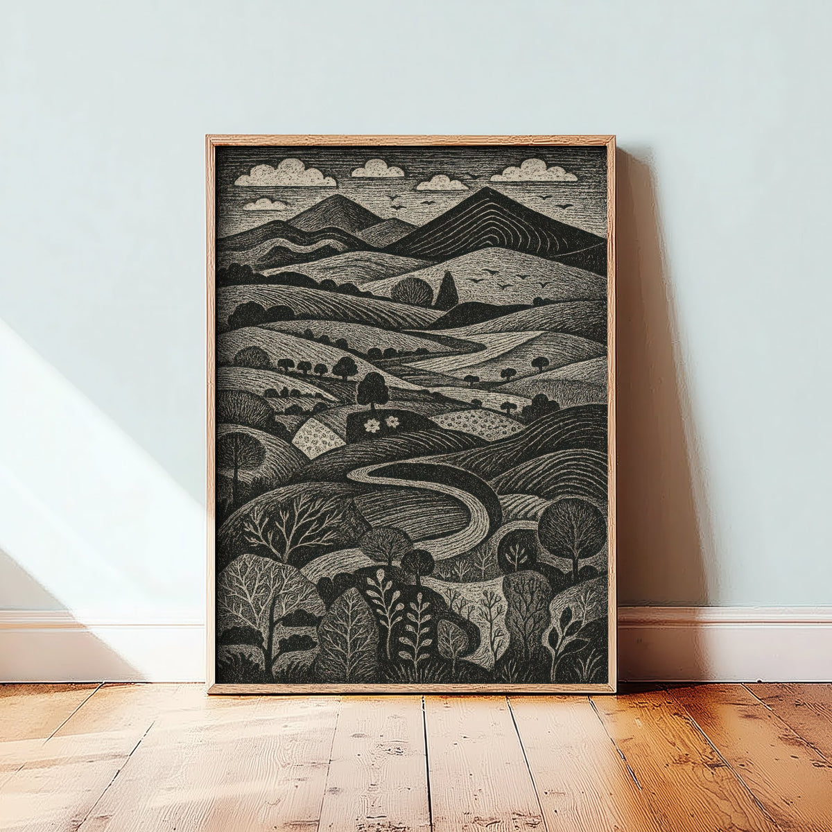 Bannau Brycheiniog Wales Art Print - Brecon Beacons Woodcut Poster - Black and White Landscape - Welsh Hills 1/3