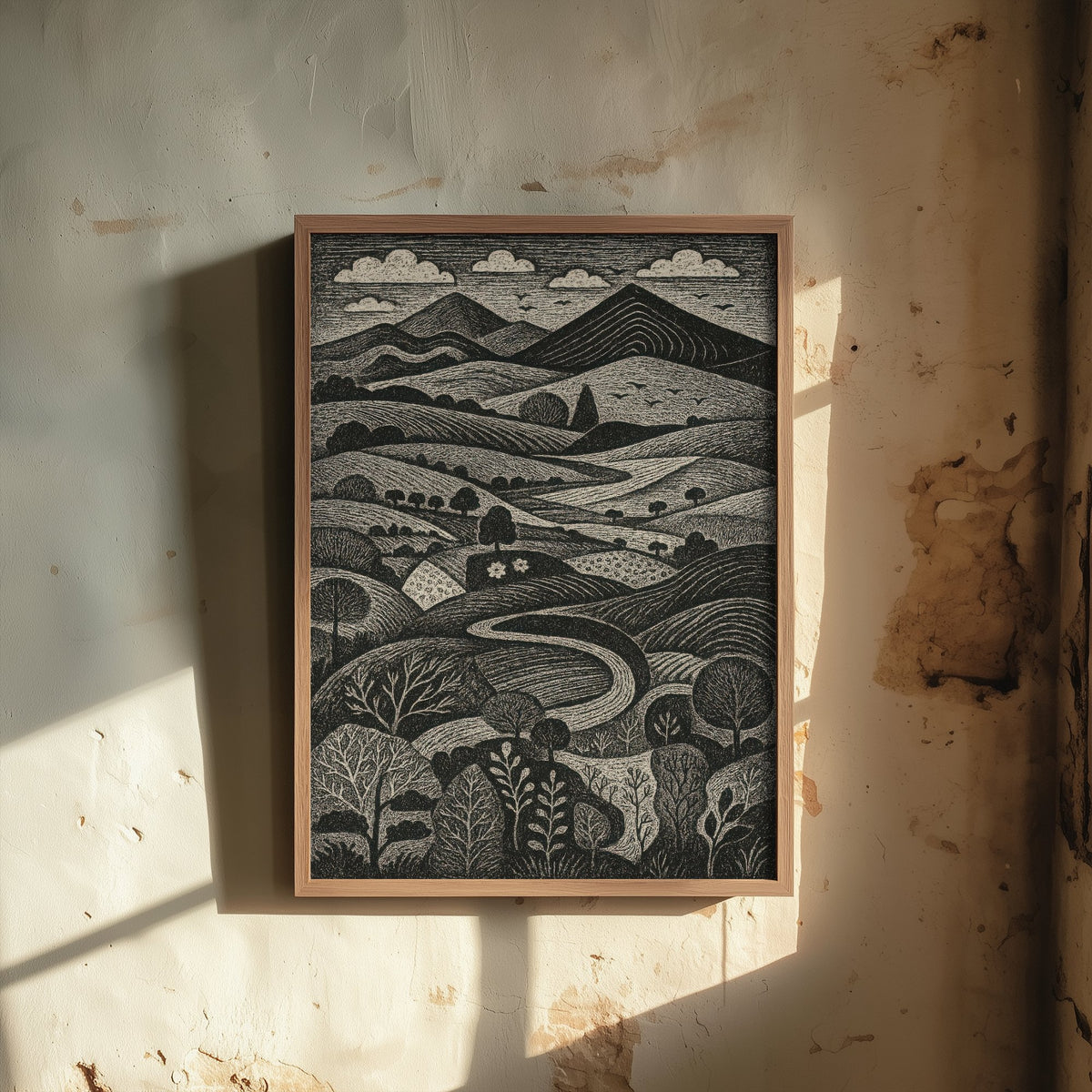 Bannau Brycheiniog Wales Art Print - Brecon Beacons Woodcut Poster - Black and White Landscape - Welsh Hills 1/3