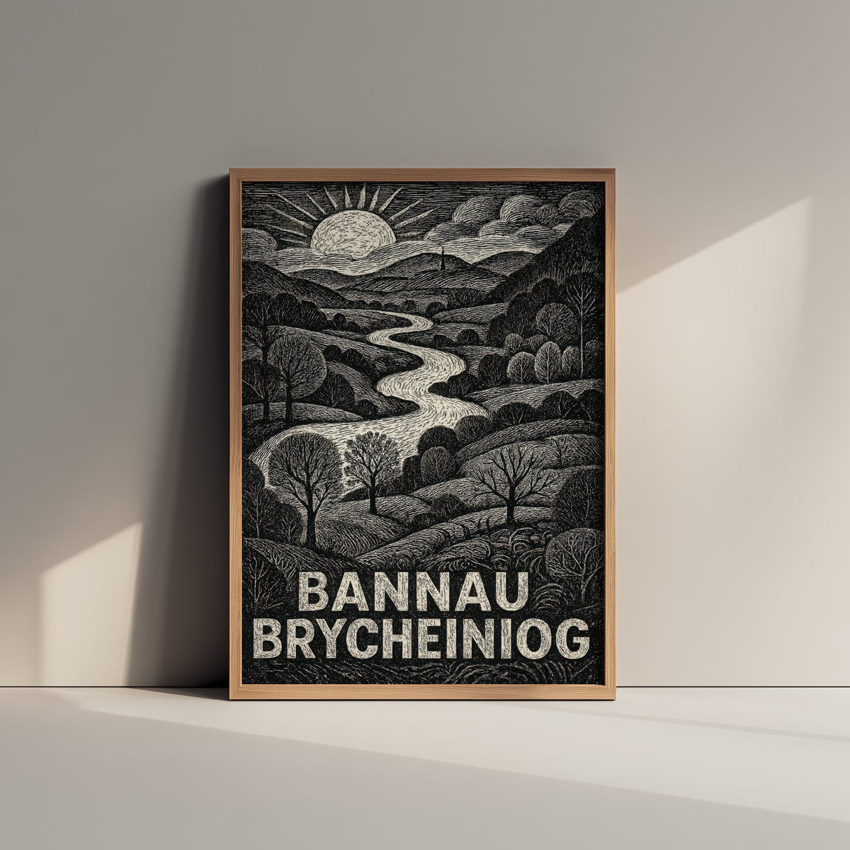 Bannau Brycheiniog Wales Art Print - Brecon Beacons Woodcut Poster - Black and White Landscape - Welsh Valley 2/3