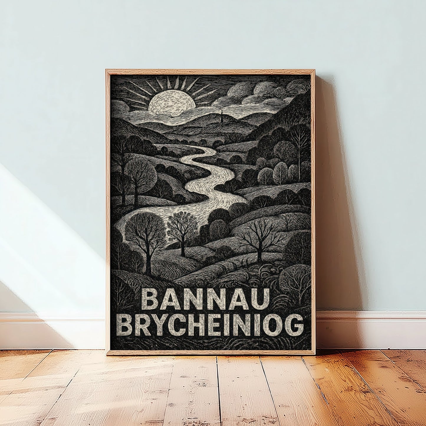 Bannau Brycheiniog Wales Art Print - Brecon Beacons Woodcut Poster - Black and White Landscape - Welsh Valley 2/3