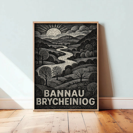 Bannau Brycheiniog Wales Art Print - Brecon Beacons Woodcut Poster - Black and White Landscape - Welsh Valley 2/3