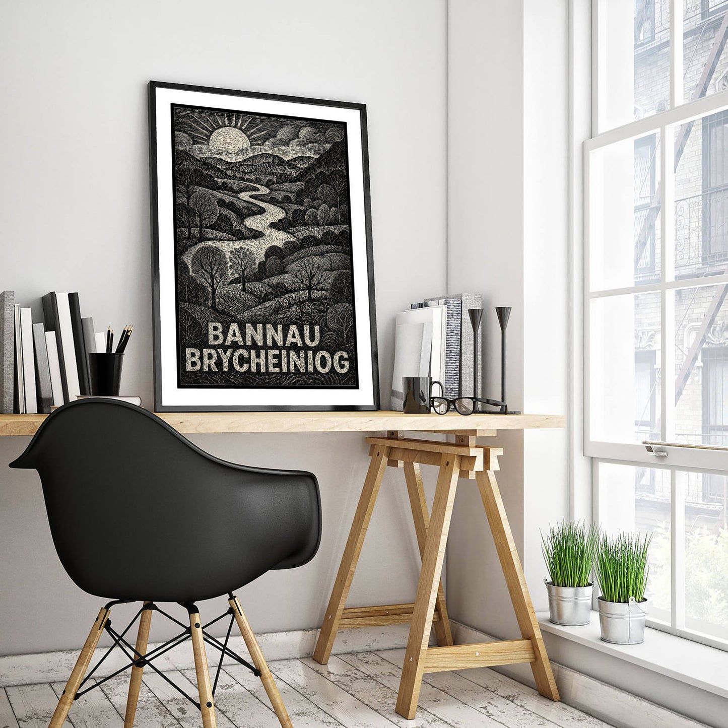Bannau Brycheiniog Wales Art Print - Brecon Beacons Woodcut Poster - Black and White Landscape - Welsh Valley 2/3