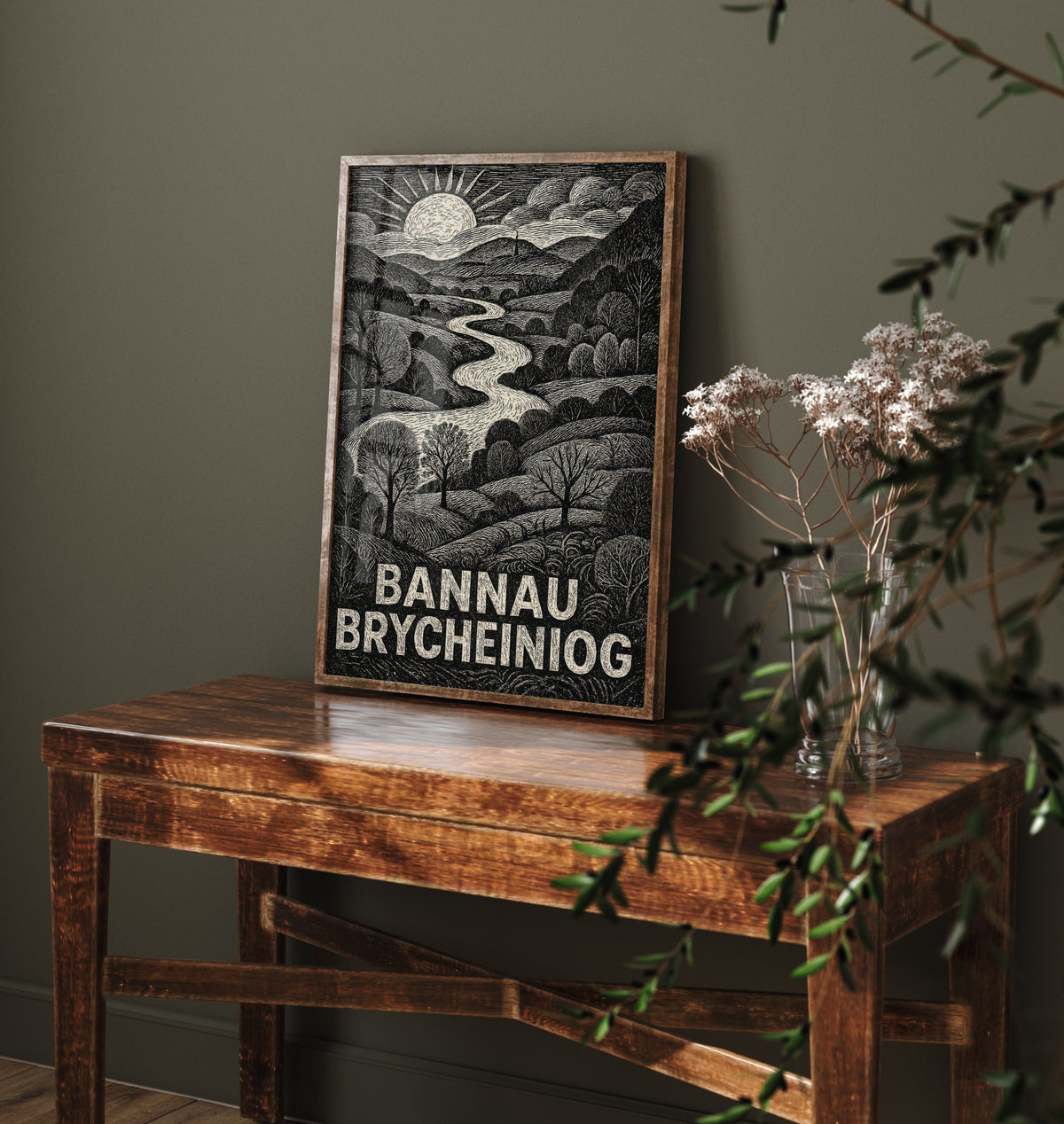 Bannau Brycheiniog Wales Art Print - Brecon Beacons Woodcut Poster - Black and White Landscape - Welsh Valley 2/3