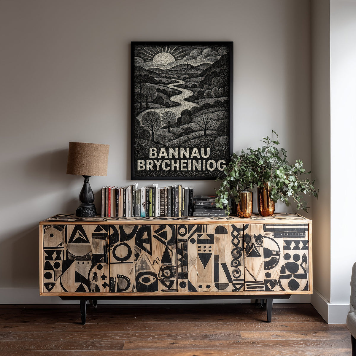 Bannau Brycheiniog Wales Art Print - Brecon Beacons Woodcut Poster - Black and White Landscape - Welsh Valley 2/3