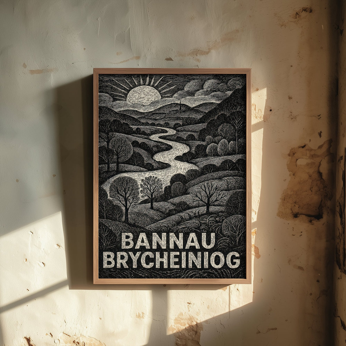Bannau Brycheiniog Wales Art Print - Brecon Beacons Woodcut Poster - Black and White Landscape - Welsh Valley 2/3