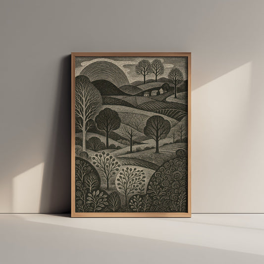 Bannau Brycheiniog Wales Art Print - Brecon Beacons Woodcut Poster - Black and White Landscape - Welsh Countryside 3/3