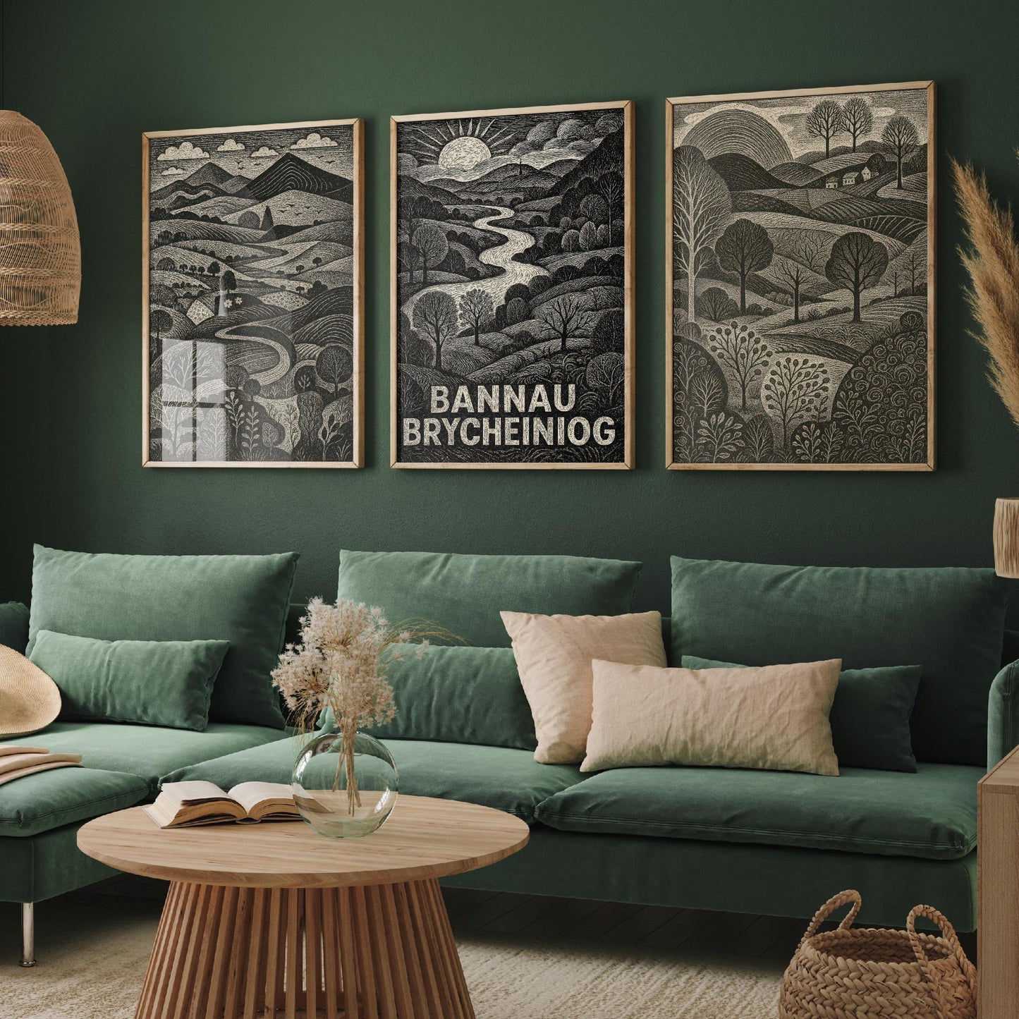 Bannau Brycheiniog Set of Three Art Prints - Black and White Welsh Woodcut Posters - Brecon Beacons Landscape Wall Decor